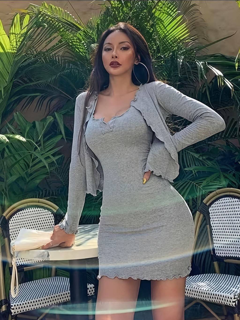 YY111499954 Long Sleeve Short Cardigan Dress with Ruffle Detail and Thick Shoulder Straps, Open-Front Design, and Ruffled Hem - Viscose Two-Piece Set for Women