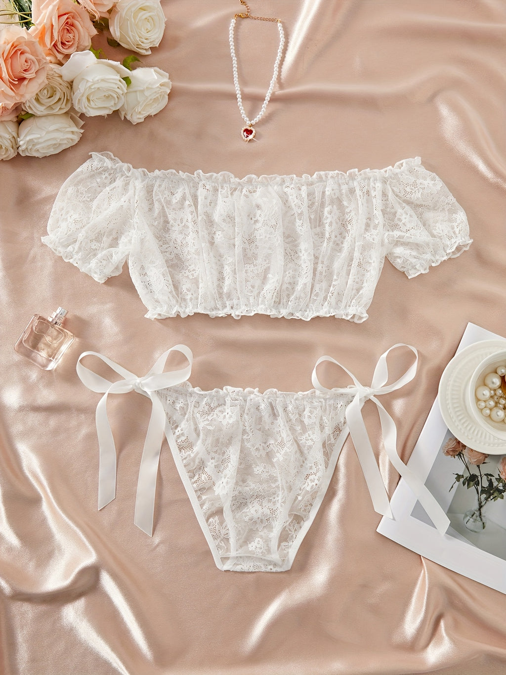 Lace Splicing Off-the-Shoulder Bow Tie Lingerie Set
