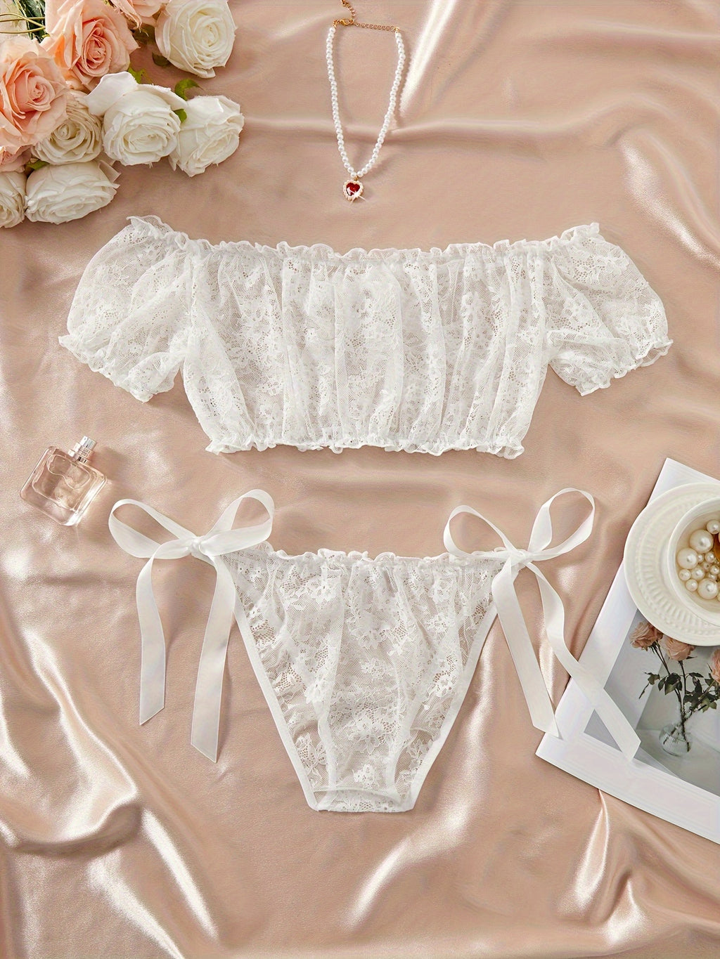 Lace Splicing Off-the-Shoulder Bow Tie Lingerie Set