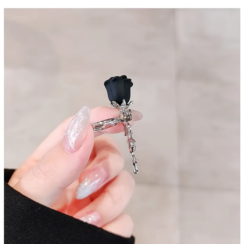 Adjustable Rose Ring with Red Rose & Bow Accent