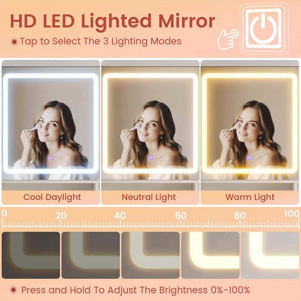 Makeup Vanity With Sliding LED Lighted Mirror And Charging Station