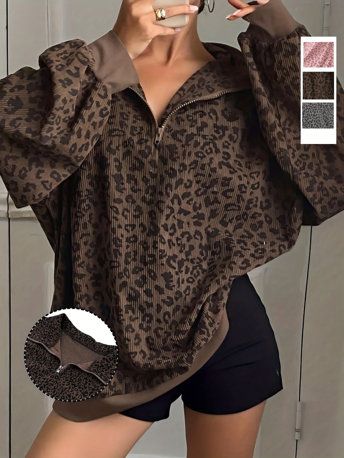 Oversized Corduroy-Textured Leopard Print Sweatshirt