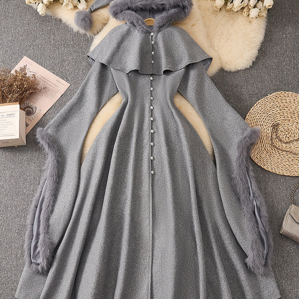 Winter Coat & Dress Set with Faux Fur Collar & Waist-Cinching Belt