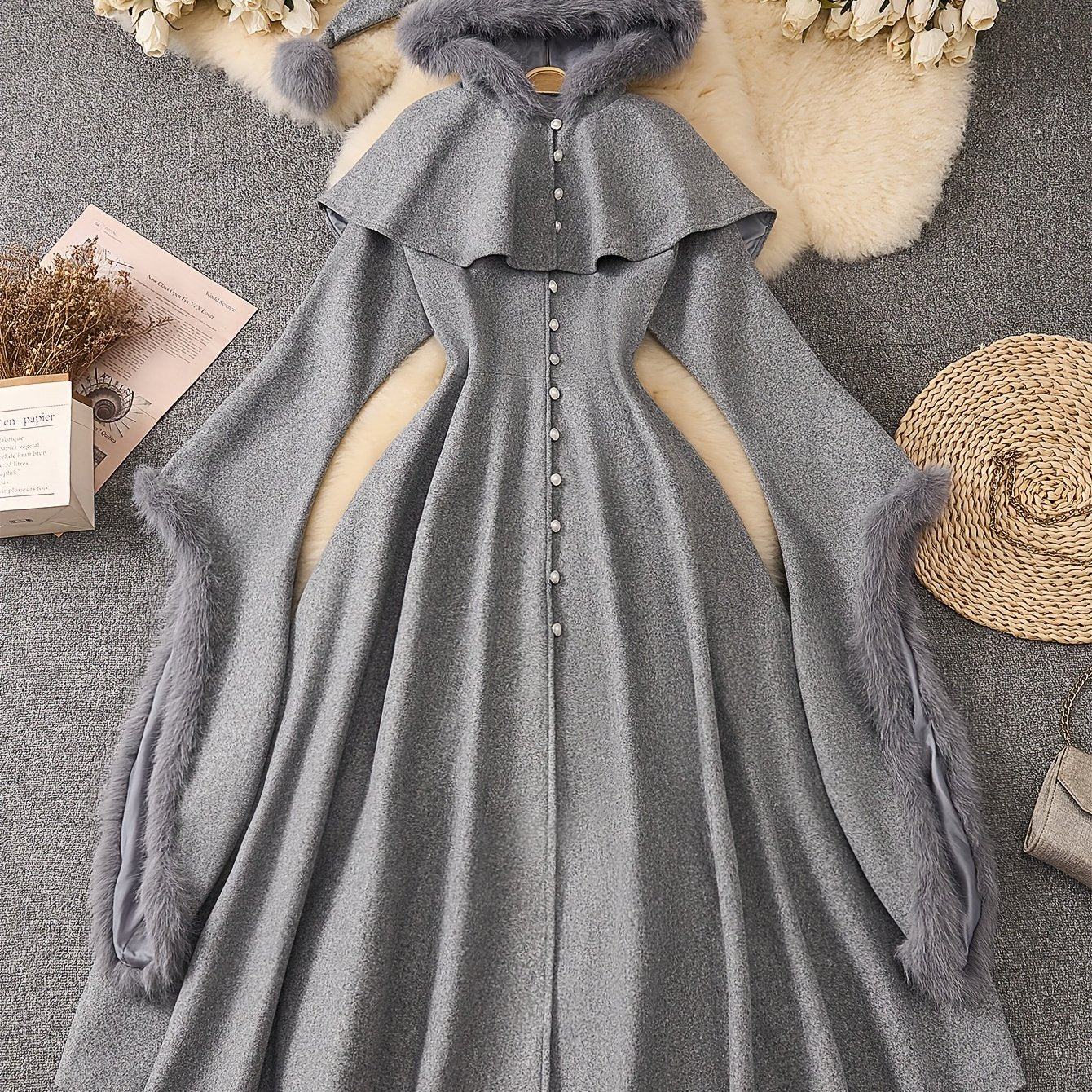 Winter Coat & Dress Set with Faux Fur Collar & Waist-Cinching Belt