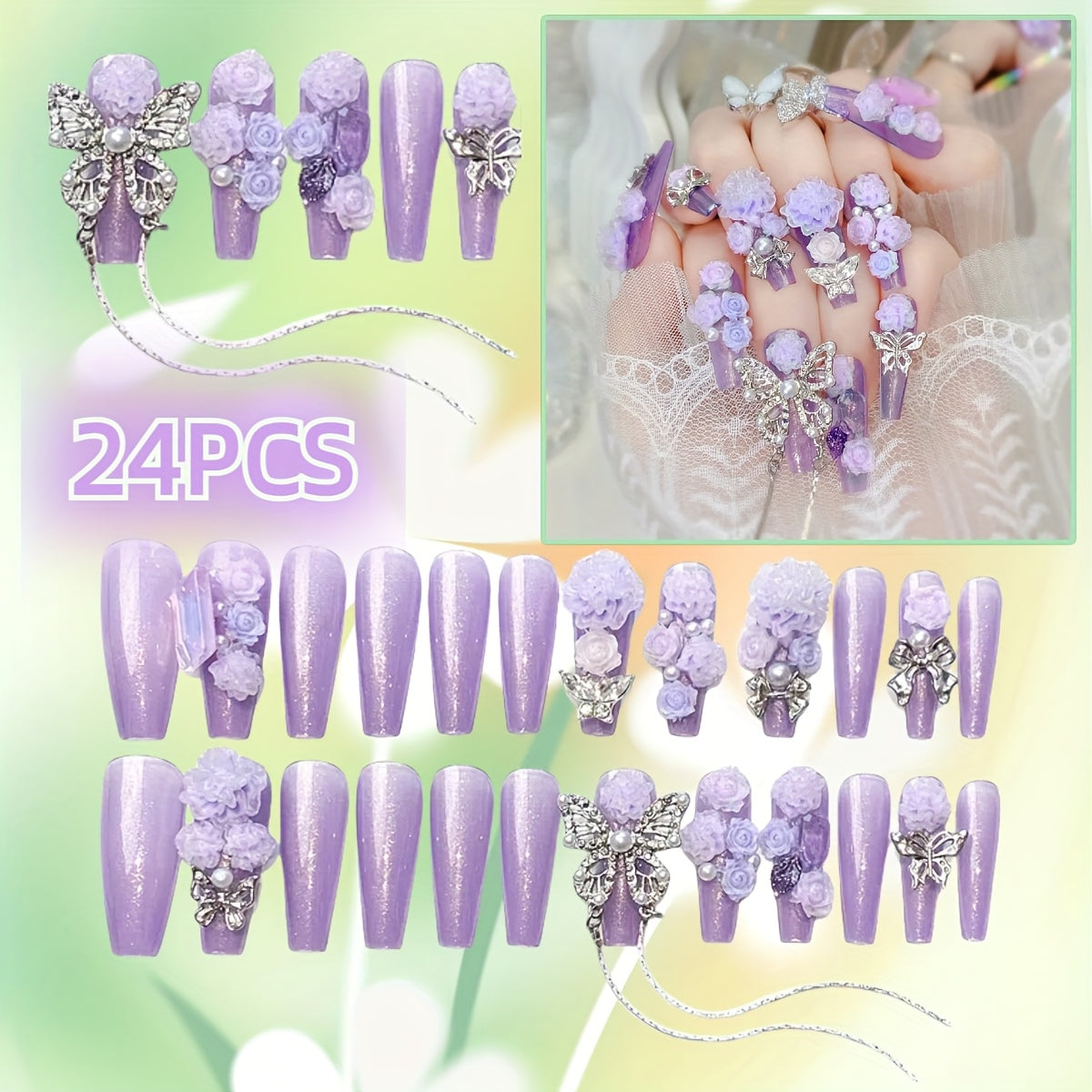 24pcs. (10 Handmade Luxurious Spring Collection 3D Silvery Butterflies and Purple Flowers with Long Ballet Flats for Women and s, Suitable for Travel, Parties, Proms, Festivals; Reusable and Easy to Remove