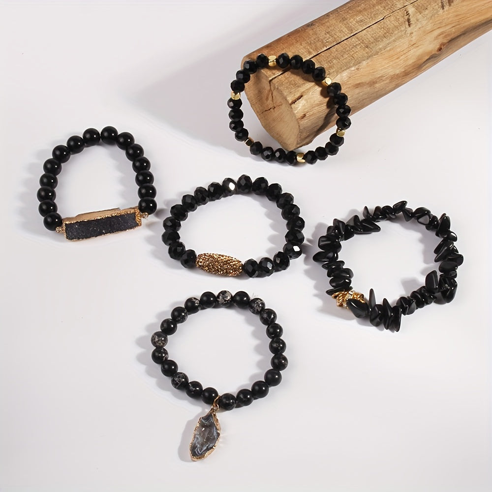 5pcs Boho Beaded Bracelet Set, Stackable Multi-Layer Handmade Stretch Bracelets, Bohemian Elegant Style Suitable For Women Stackable