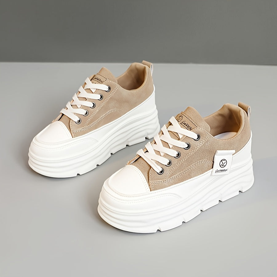 Women's Low-Top Lace-Up Sneakers - Beige/ White Faux Cover-like Synthetic Cover Arch Moccasin-Style Shoes with EVA Cushioned PVC Sole, Minimalist White Laces & Beige Traction Tread - All-Season Casual, Office, Gym, Walking Sh