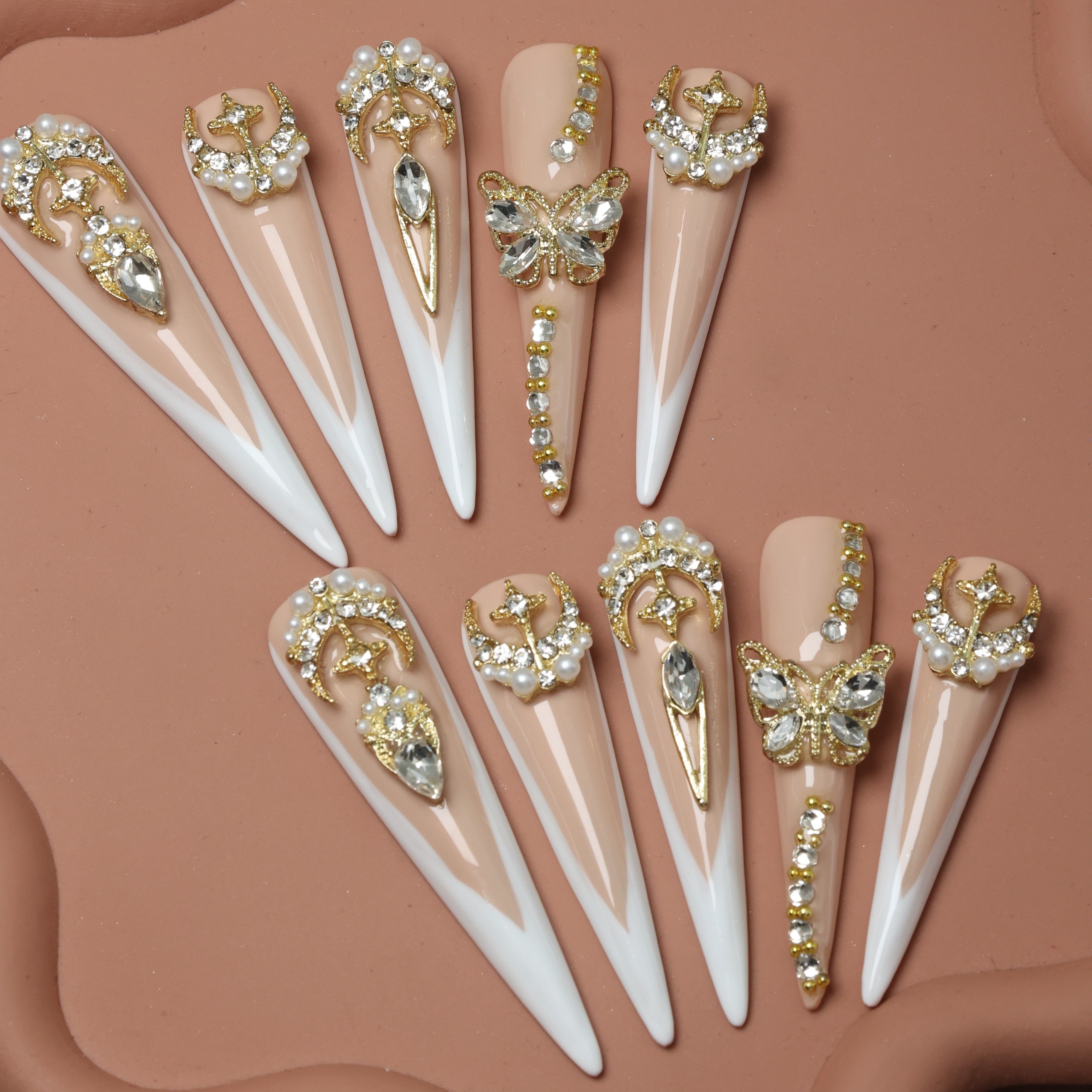 {10pcs} Handmade Extra Long French Press-On Nails with 3D Butterfly & Rhinestone Accents