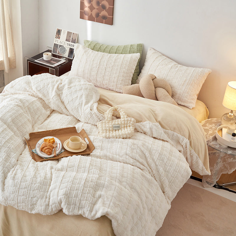 Faux Rabbit Fur Embossed Milk Duvet Cover