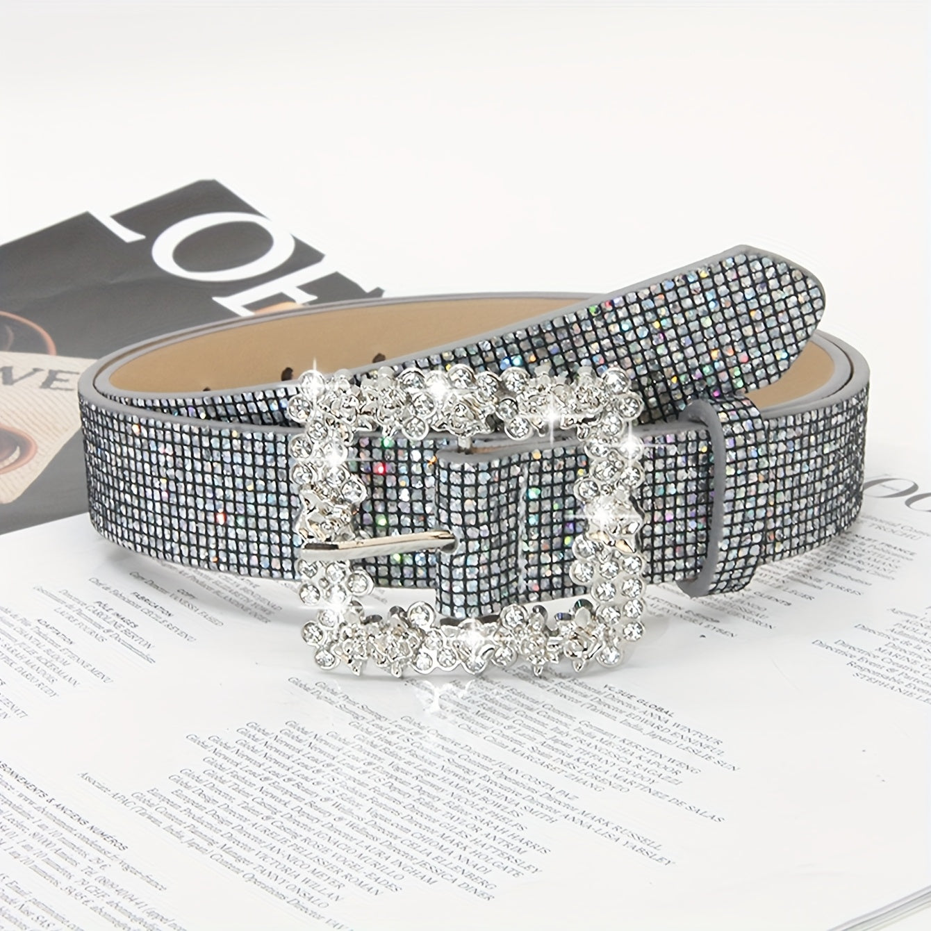 Rhinestone PU Leather Belt with Metallic Buckle