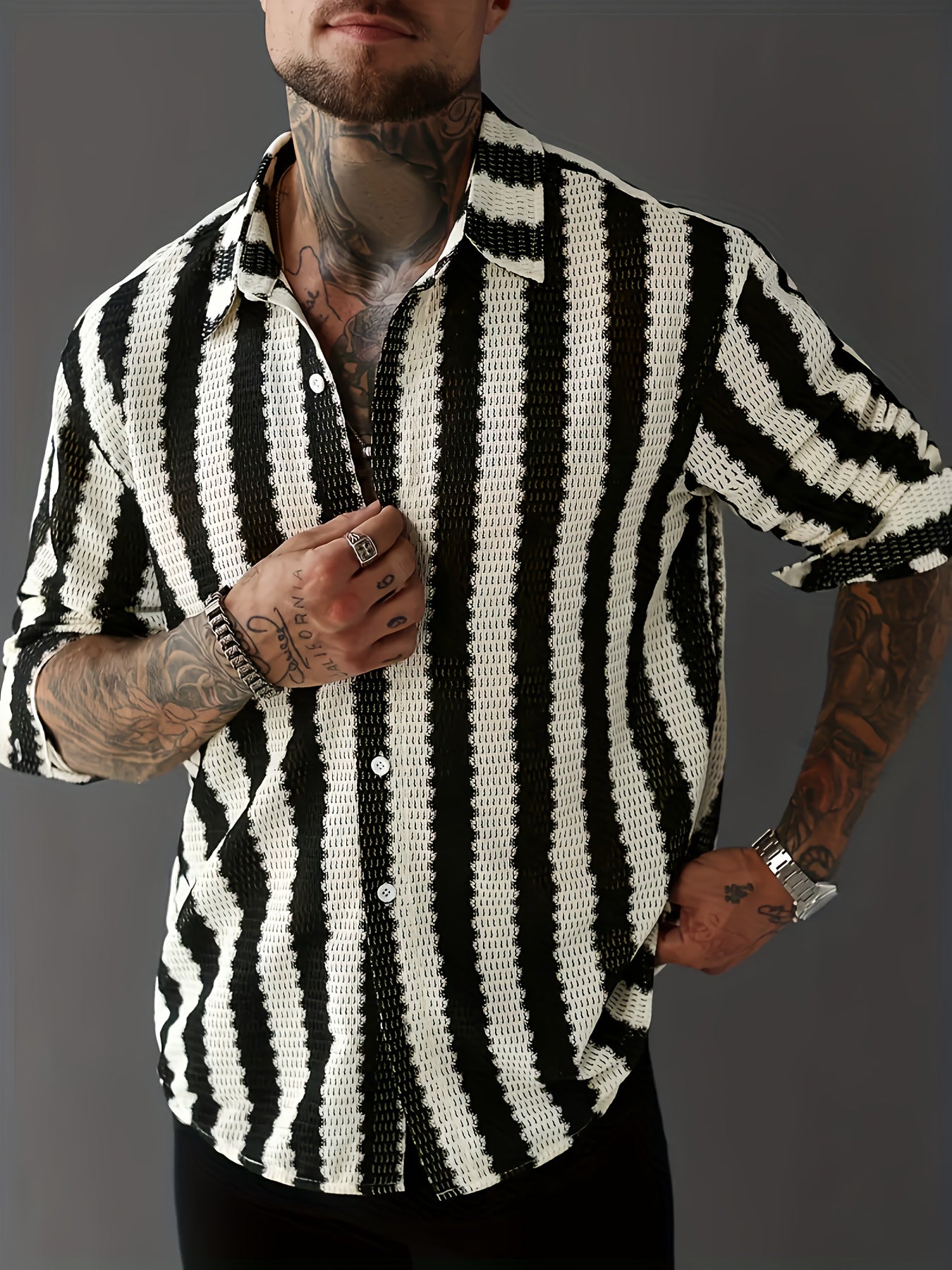 Black & White Houndstooth & Stripe Oversized Casual Shirt