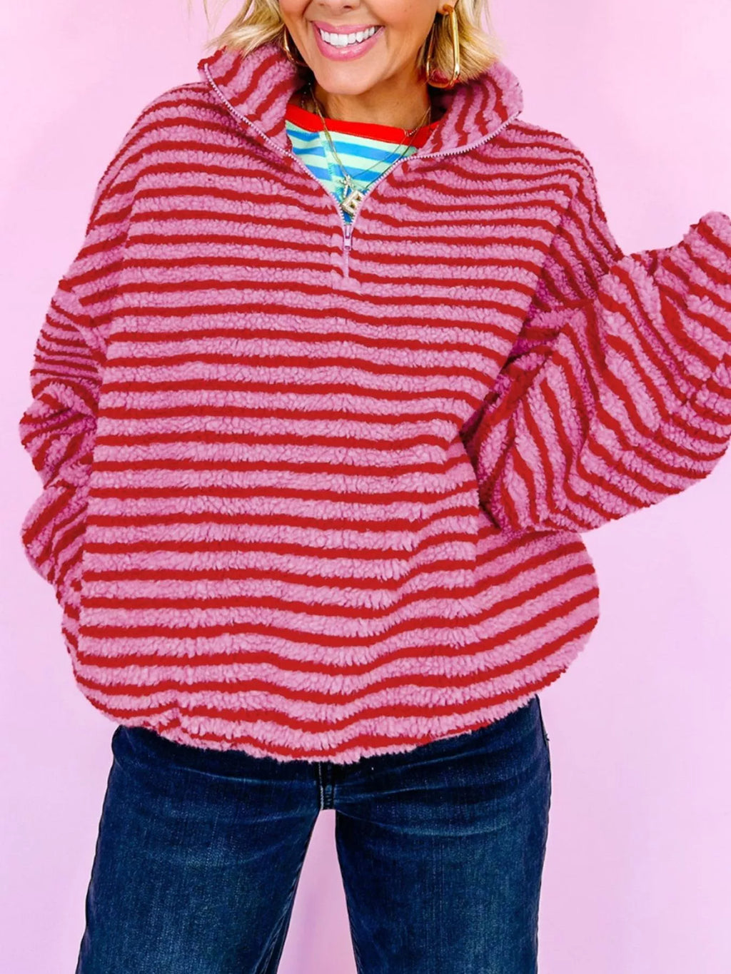 Striped Quarter-Zip Fleece Sweatshirt