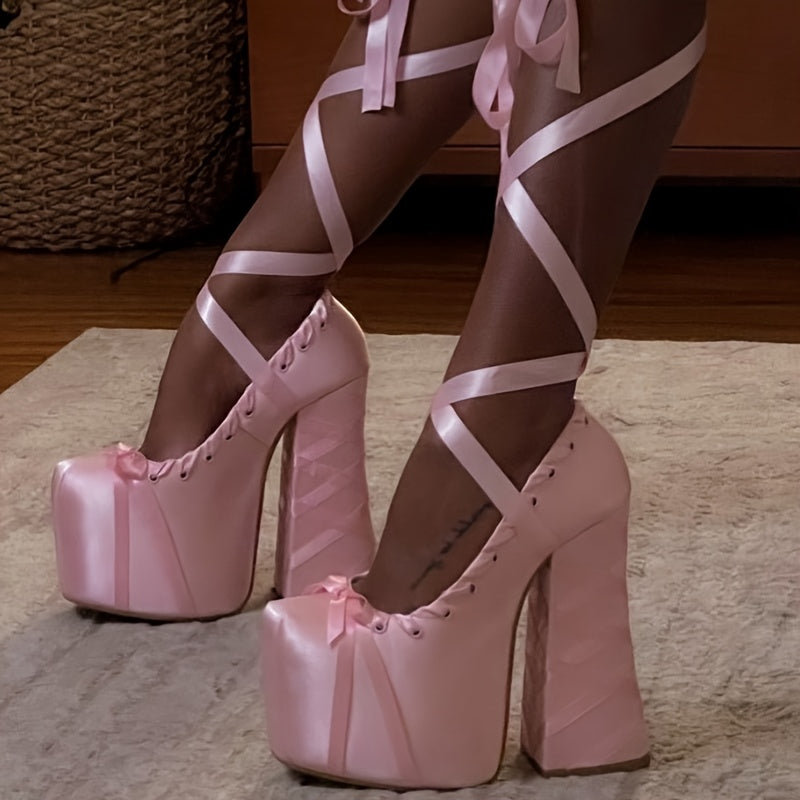 Mary Jane Platform Pumps with Lace-Up Bow Detail
