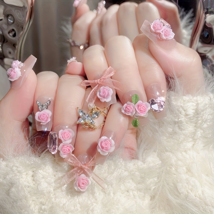 {24pcs} Spring 3D Pink Rose Fake Nails