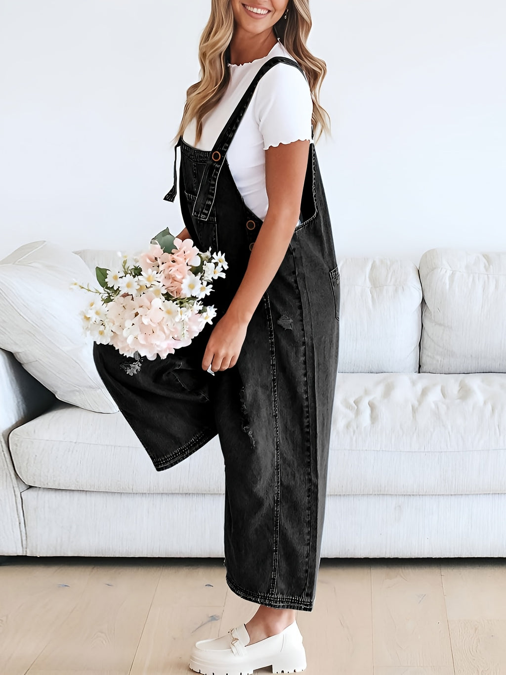 Distressed Denim Overalls