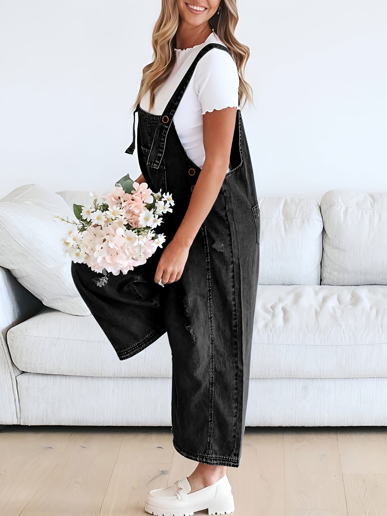 Distressed Denim Overalls