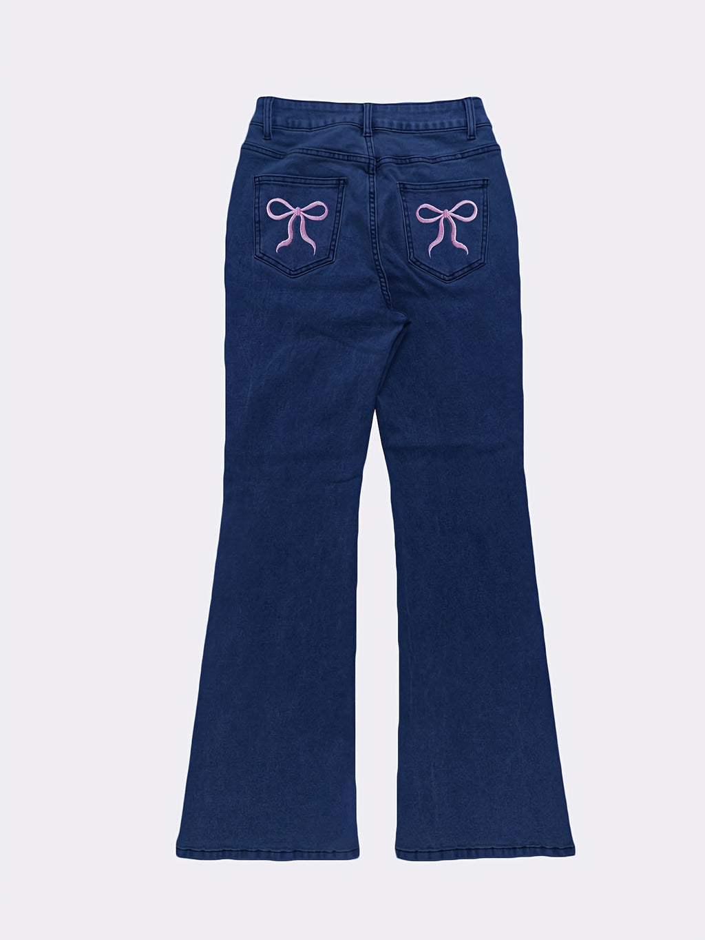Women'S High-Waisted Stretch Denim Flare Jeans with Embroidered Bow Detail, Street Style Casual Pants, All-Season Comfort, Blue, High Waisted Jeans, Comfortable Fashion, Durable Fabric
