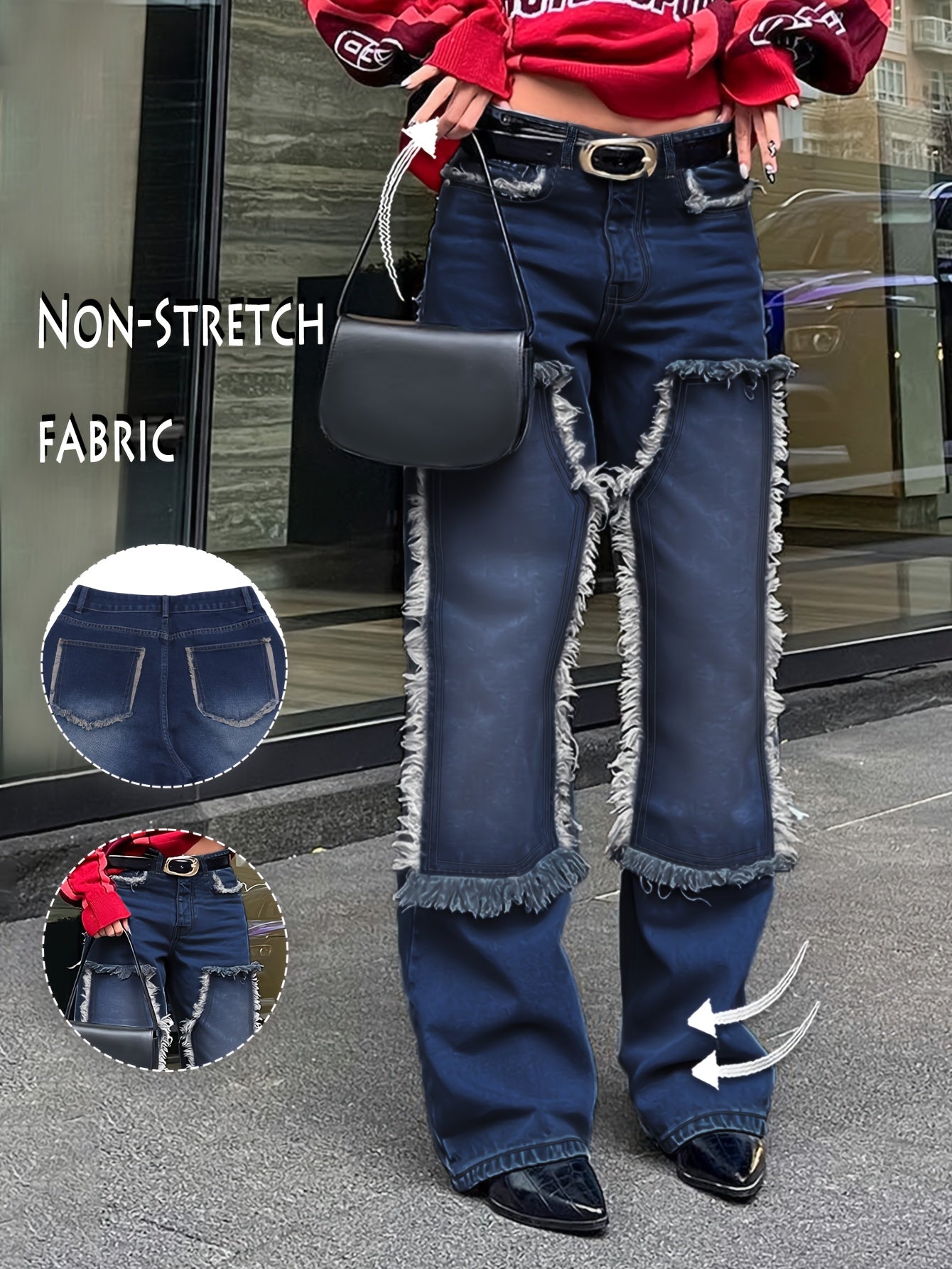 Low-Rise Straight-Leg Jeans with Fur-Like Patchwork Hem