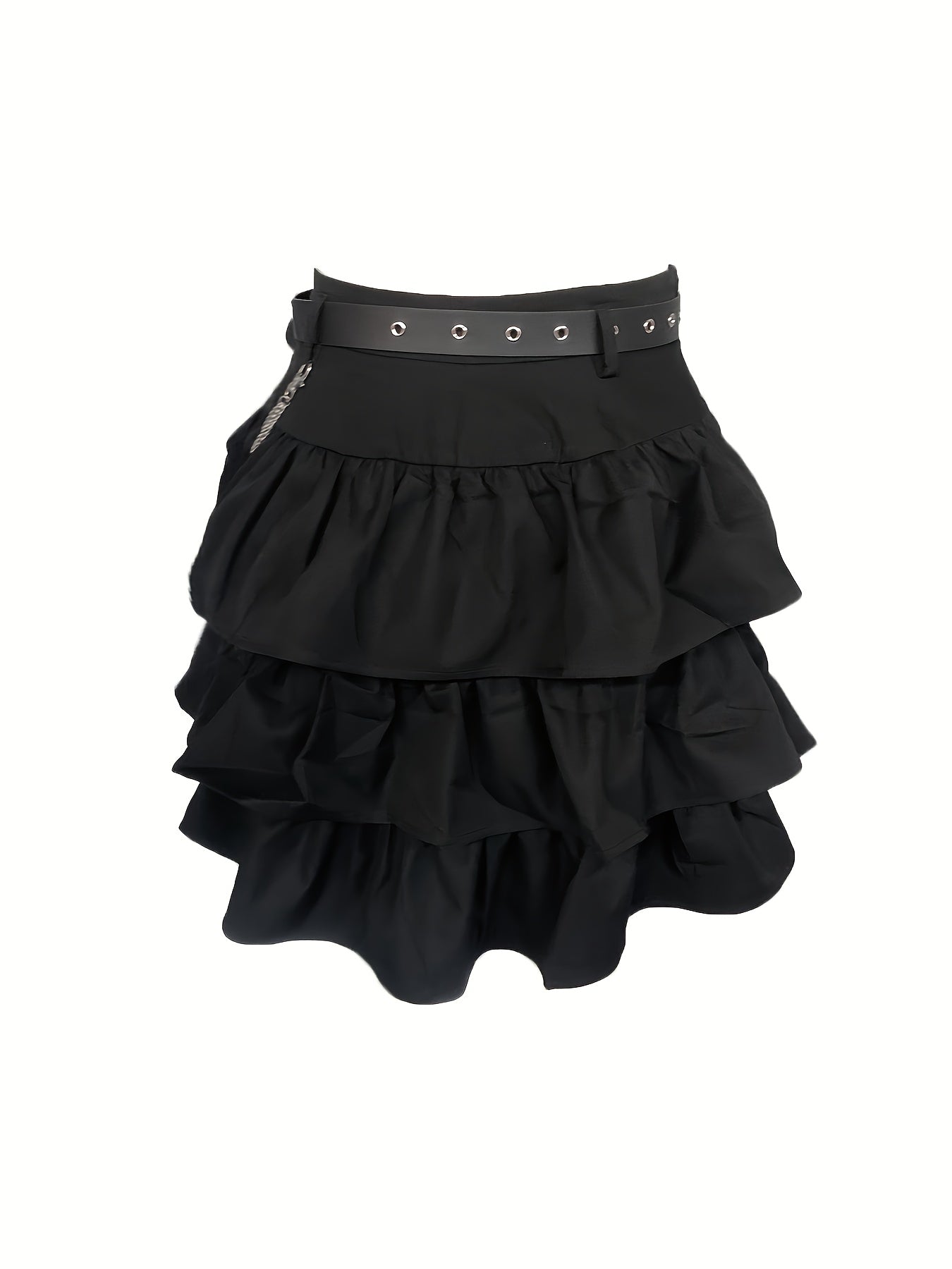 High-Waisted Flared A-Line Mini Skirt with Belt Buckle & Chain Strap