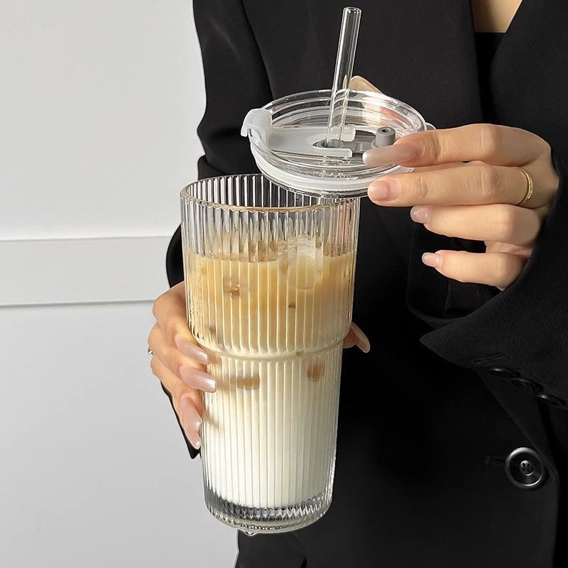 {1/2/4pcs] LDQ Striped Glass Cups with Straws & Lids