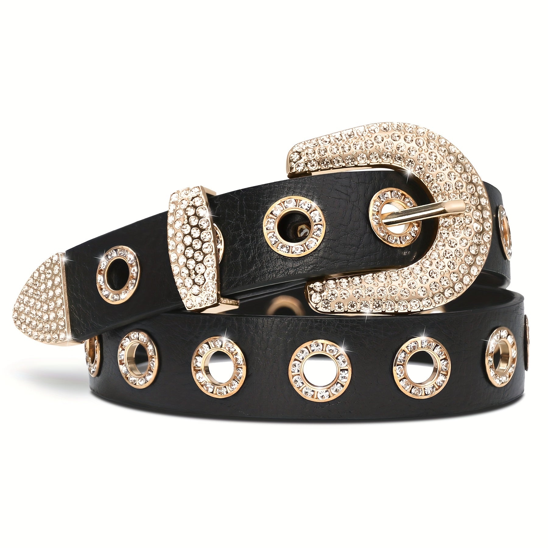 Faux Leather Belt with Studded Rhinestone Grommets