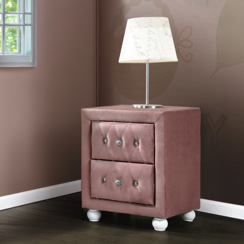 Mauve Velvet Tufted Nightstand with Crystal Knobs - 2-Drawer Upholstered Bedside Table