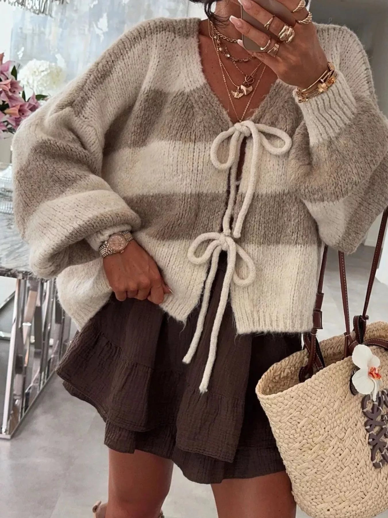 Striped Tie-Front Knit Cardigan