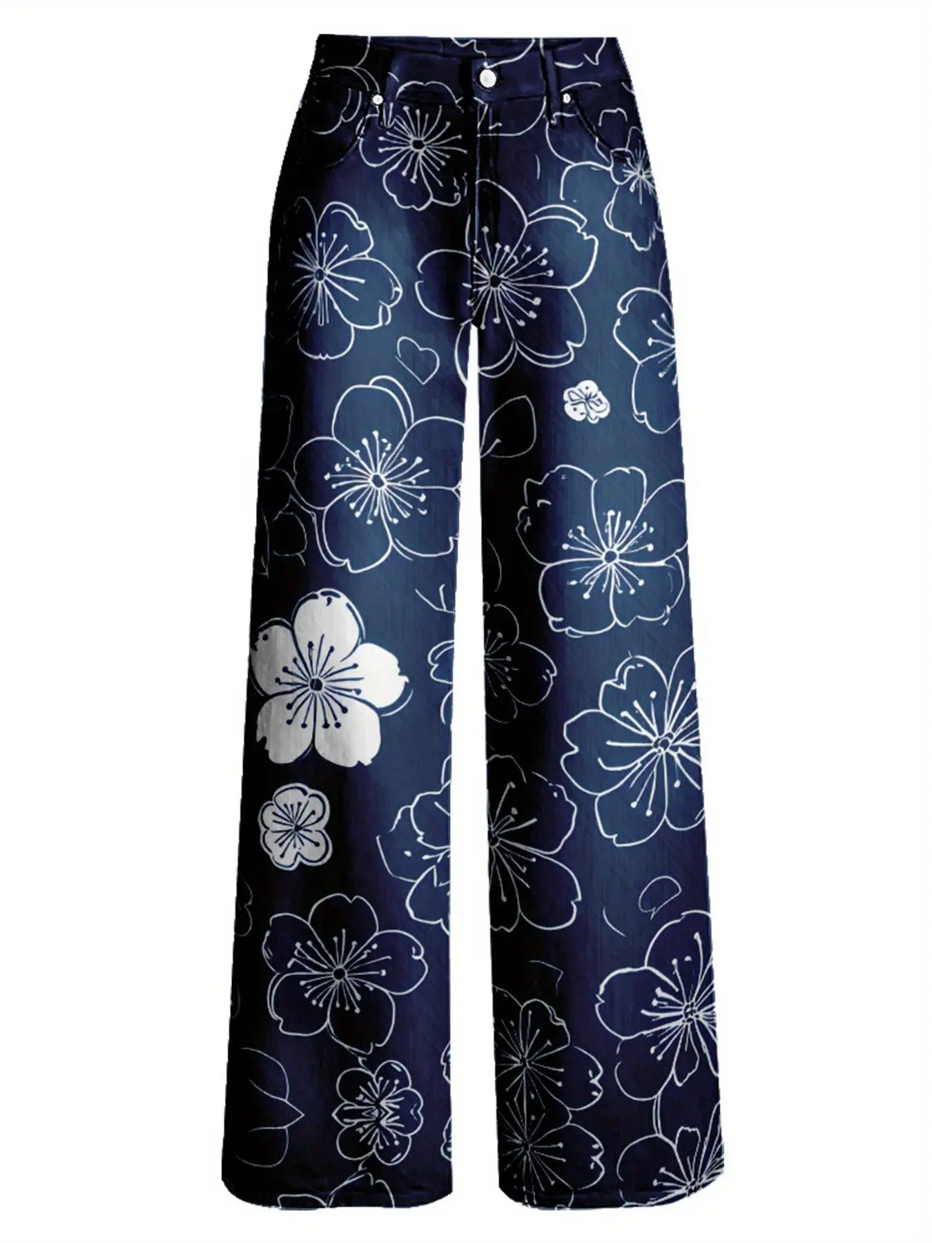 High-Waisted Wide-Leg Flared Floral Denim Jeans