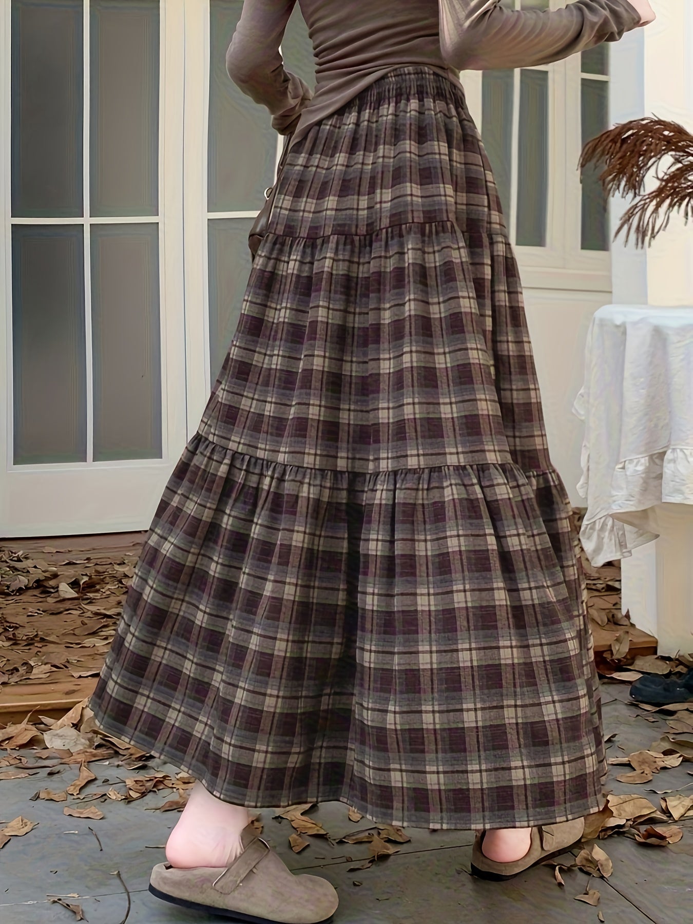 Women'S High-Waisted A-Line Maxi Skirt - Flared Hem, Brown & Black Plaid, Loose Fit Vintage Skirt for Fall/Winter, Casual to Formal Outfits - Non-Belted Waist Everyday & Special Occasion Skirt, Cute Skirts, Winter Fashion, Re