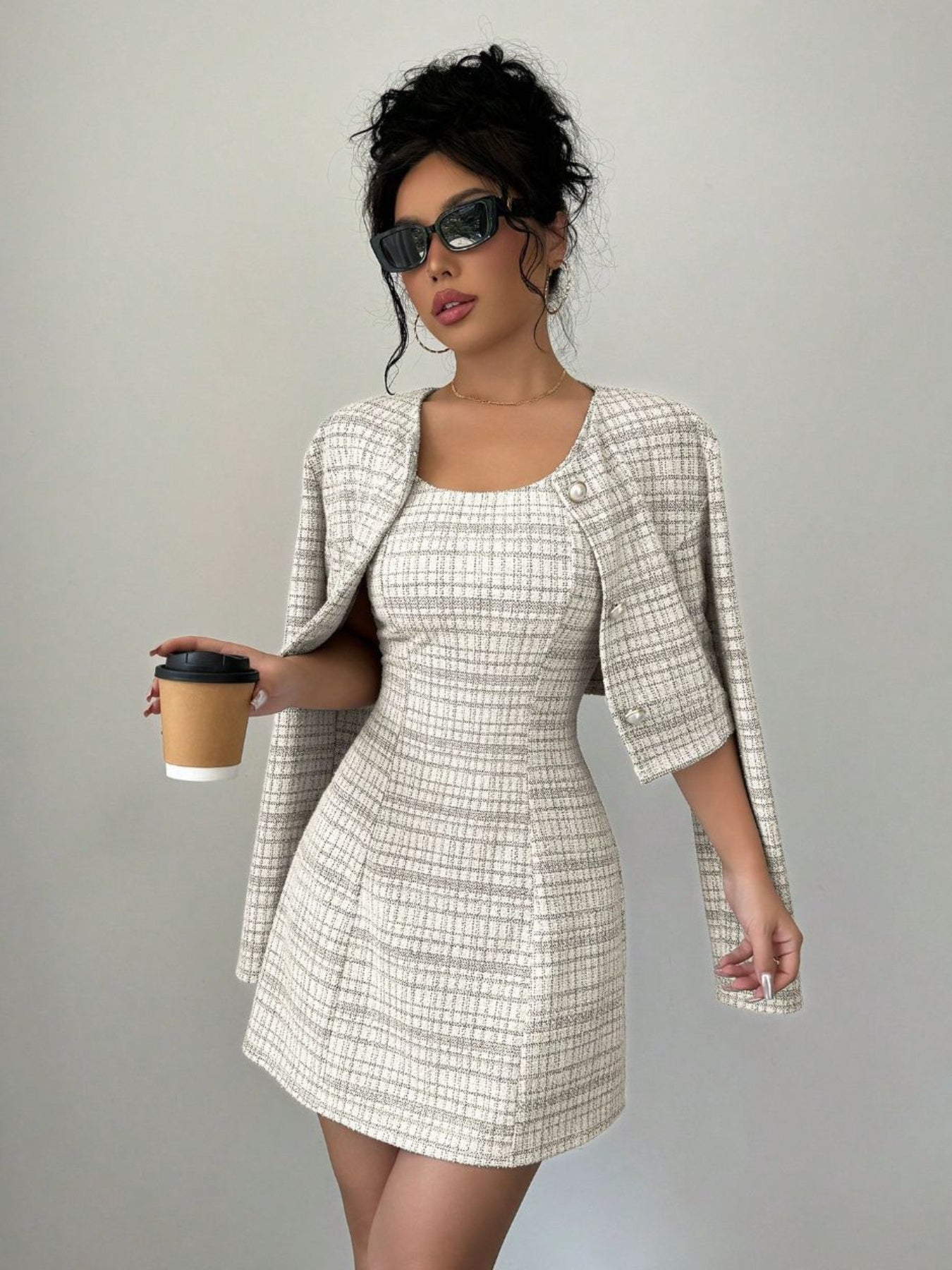 Women'S Fall/Winter Fashionable Elegant Dress Two- Piece Set- Single- Breasted Short Coat+ French Retro Tweed Dress