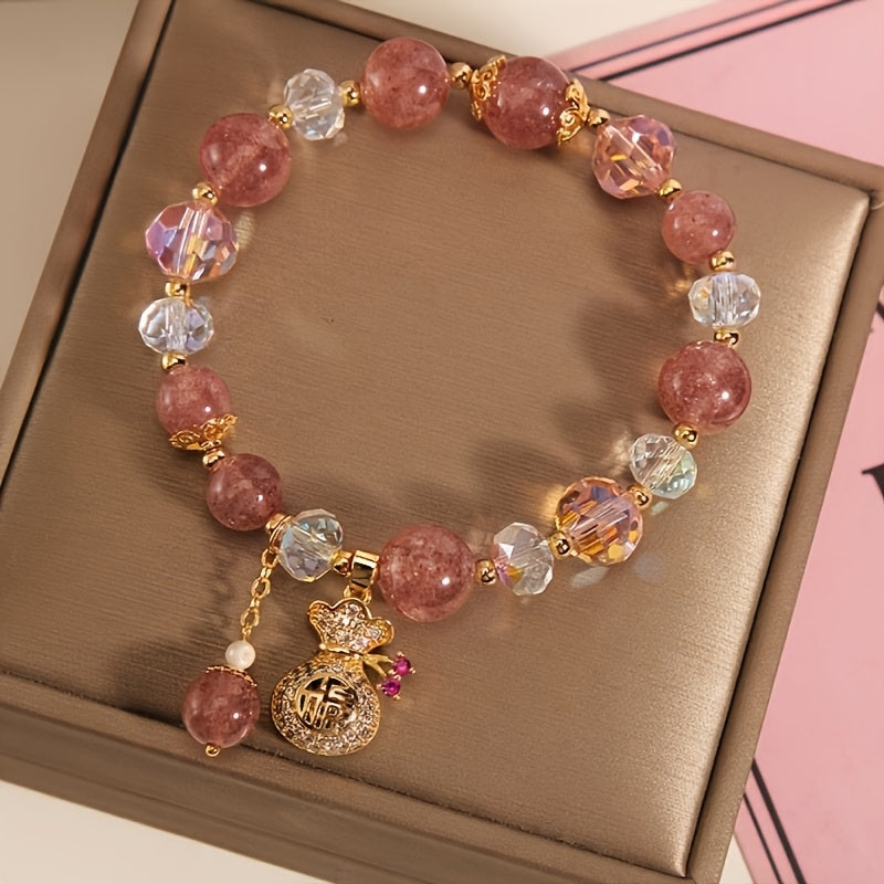 Pink Beaded Bracelet with Cute Golden Beads