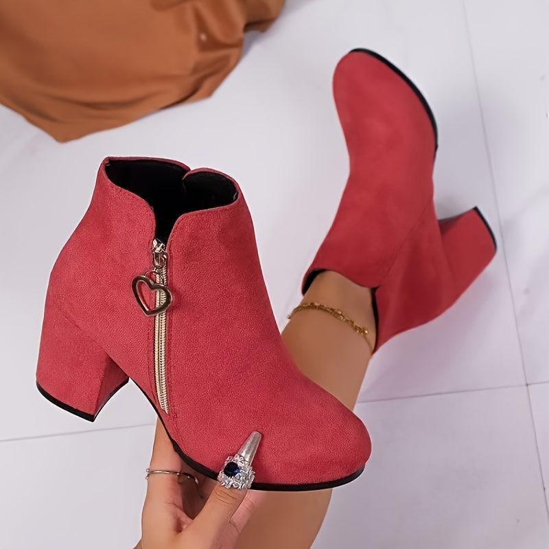 Chunky Heel Ankle Boots with Heart-Shaped Buckle & Golden-Tone Zipper Closure