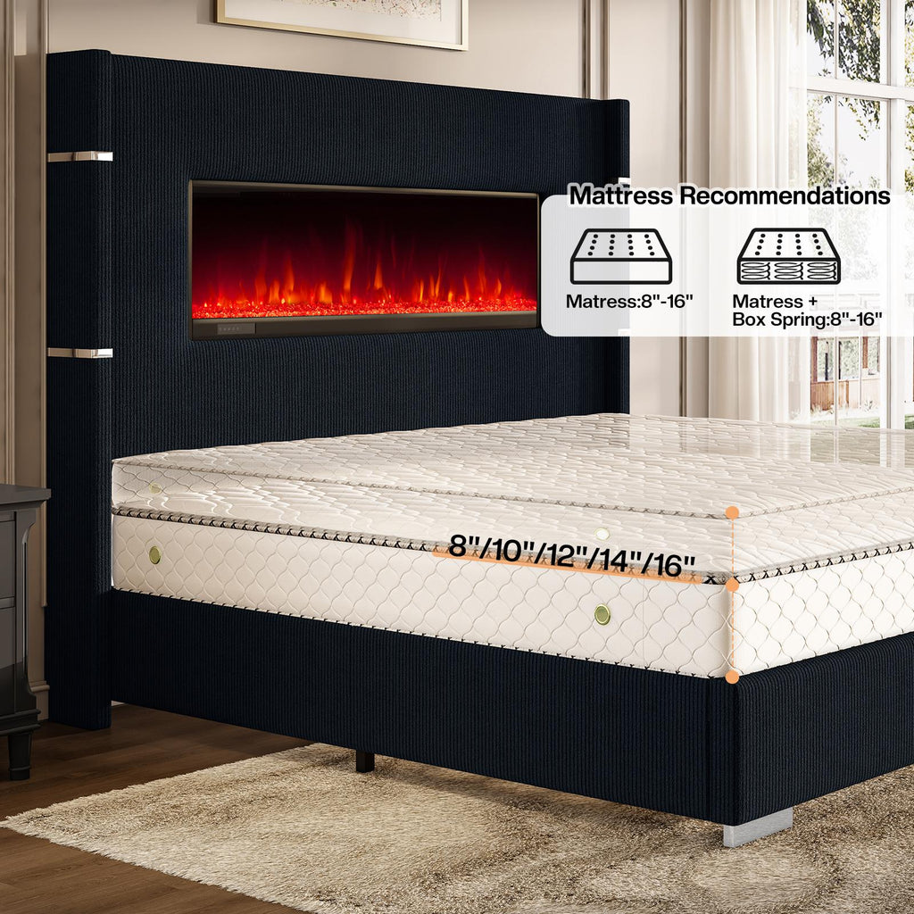 Modern California King Size Bed Frame with Electric Fireplace