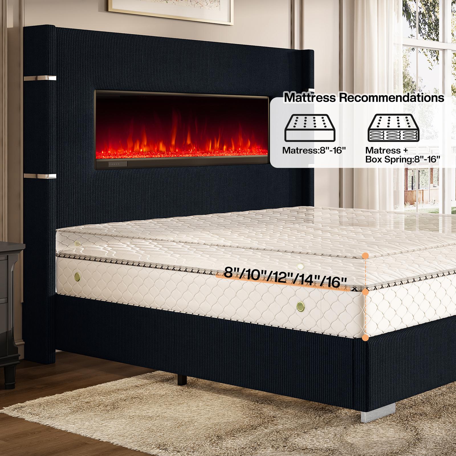 Modern California King Size Bed Frame with Electric Fireplace