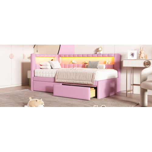 Modern White Upholstered Twin Size Platform Bed with USB Ports & RGB LED