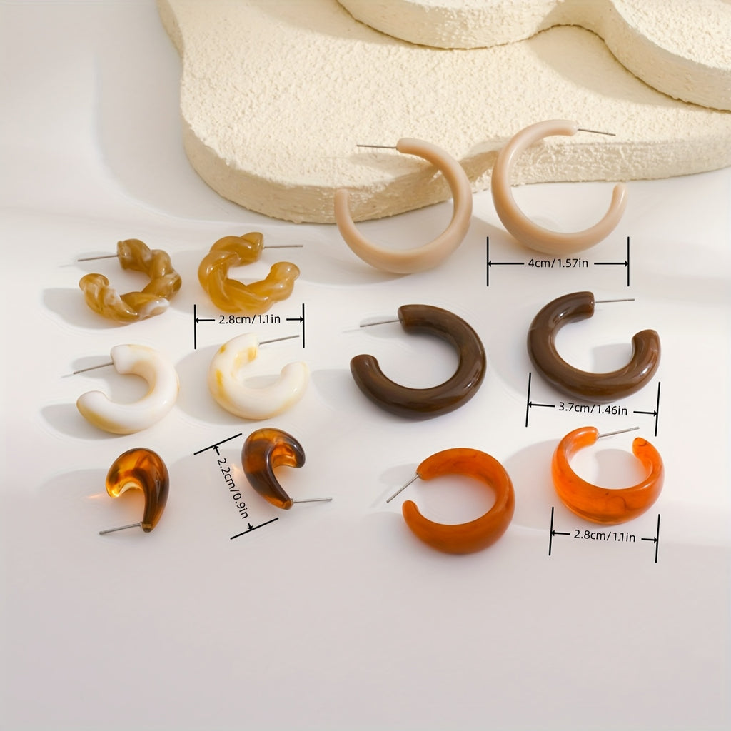 6 Pairs Elegant Geometric C-Shape Acrylic Earrings in Pastel and Earthy Tones