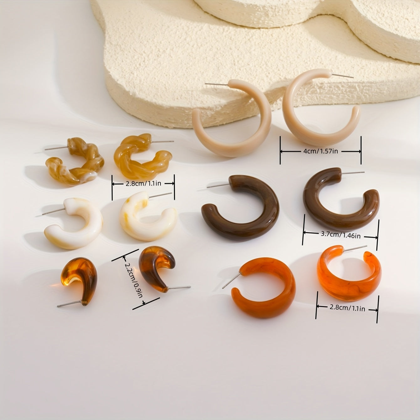 6 Pairs Elegant Geometric C-Shape Acrylic Earrings in Pastel and Earthy Tones