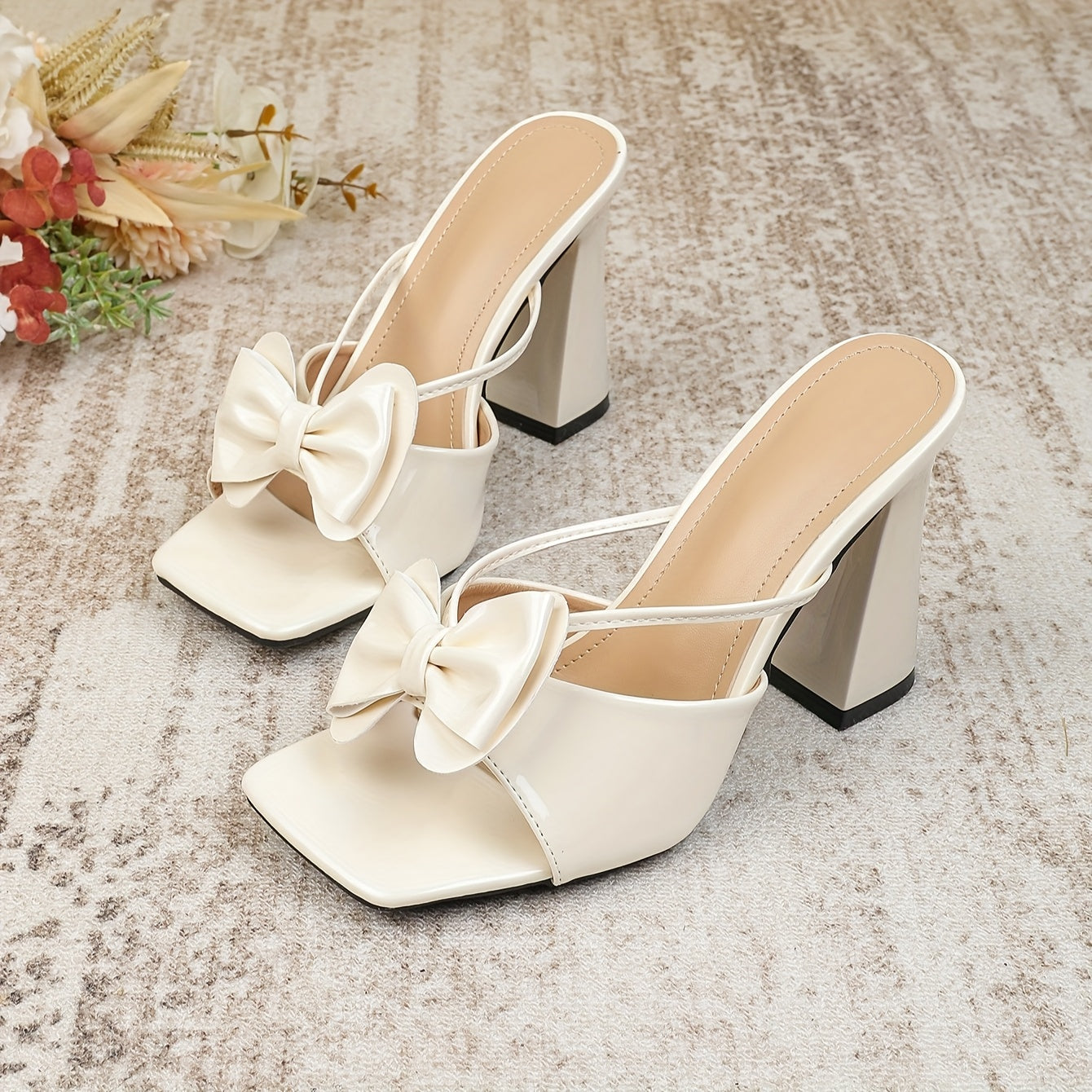 Chunky Heel Slip-On Sandals with Bow Detail