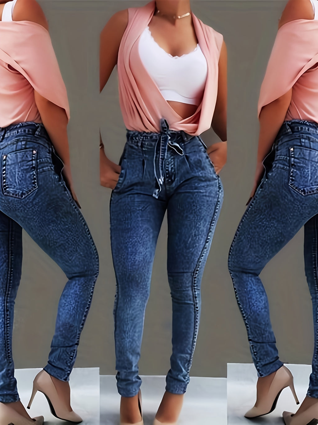 High-Waisted Slim-Fit Stretch Jeans with Tassel Belt