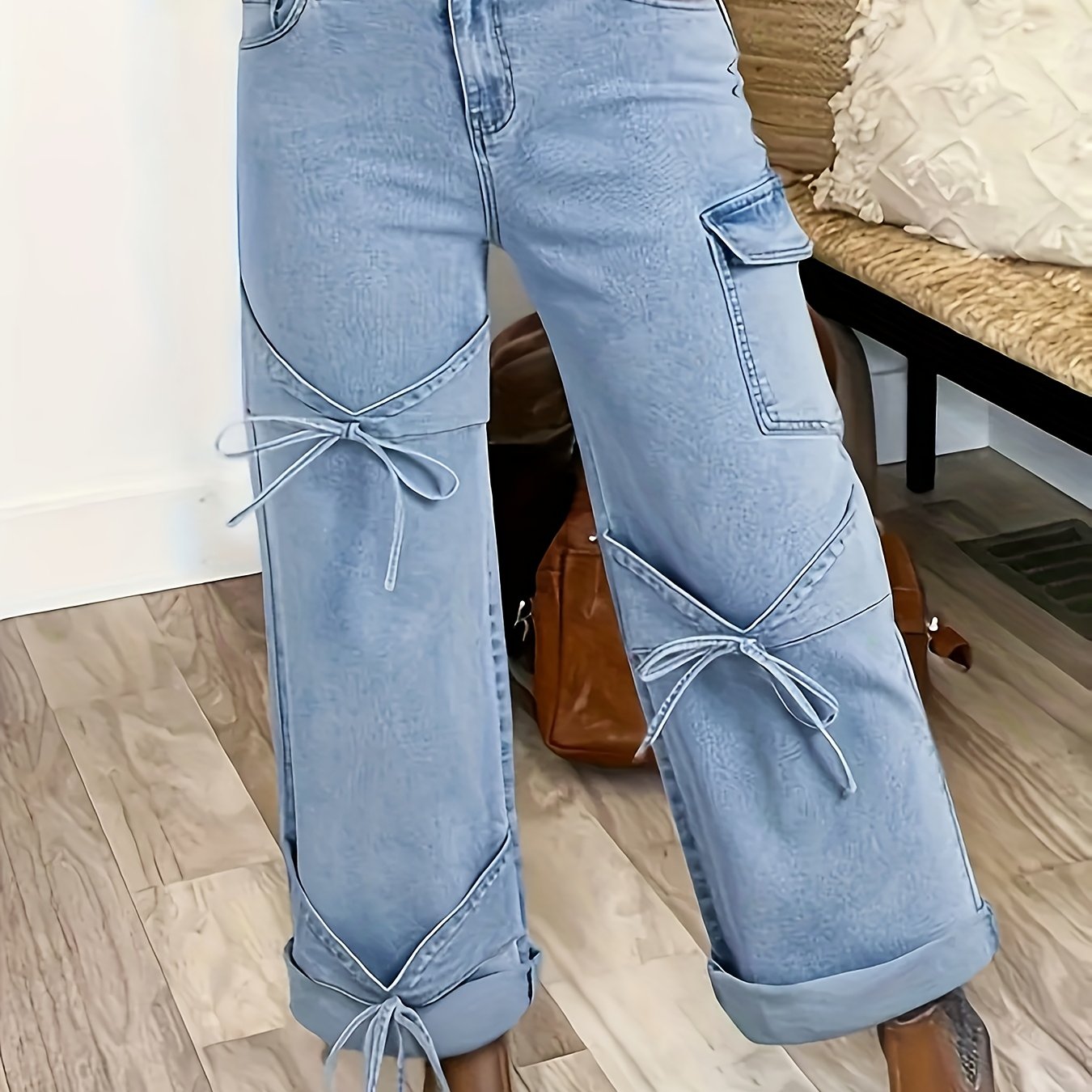 High-Waisted Straight Leg Jean with Bow Accent