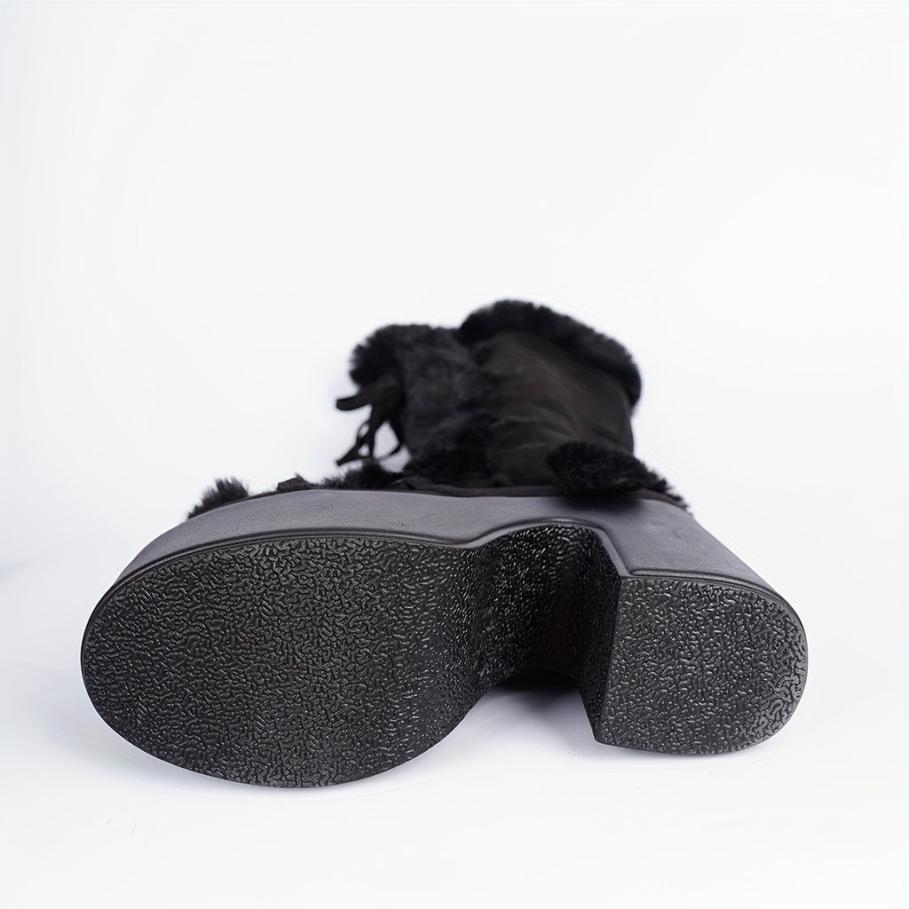 Plush Faux Fur-Front High-Top Snow Boots with Thick Platform Sole & Round Toe
