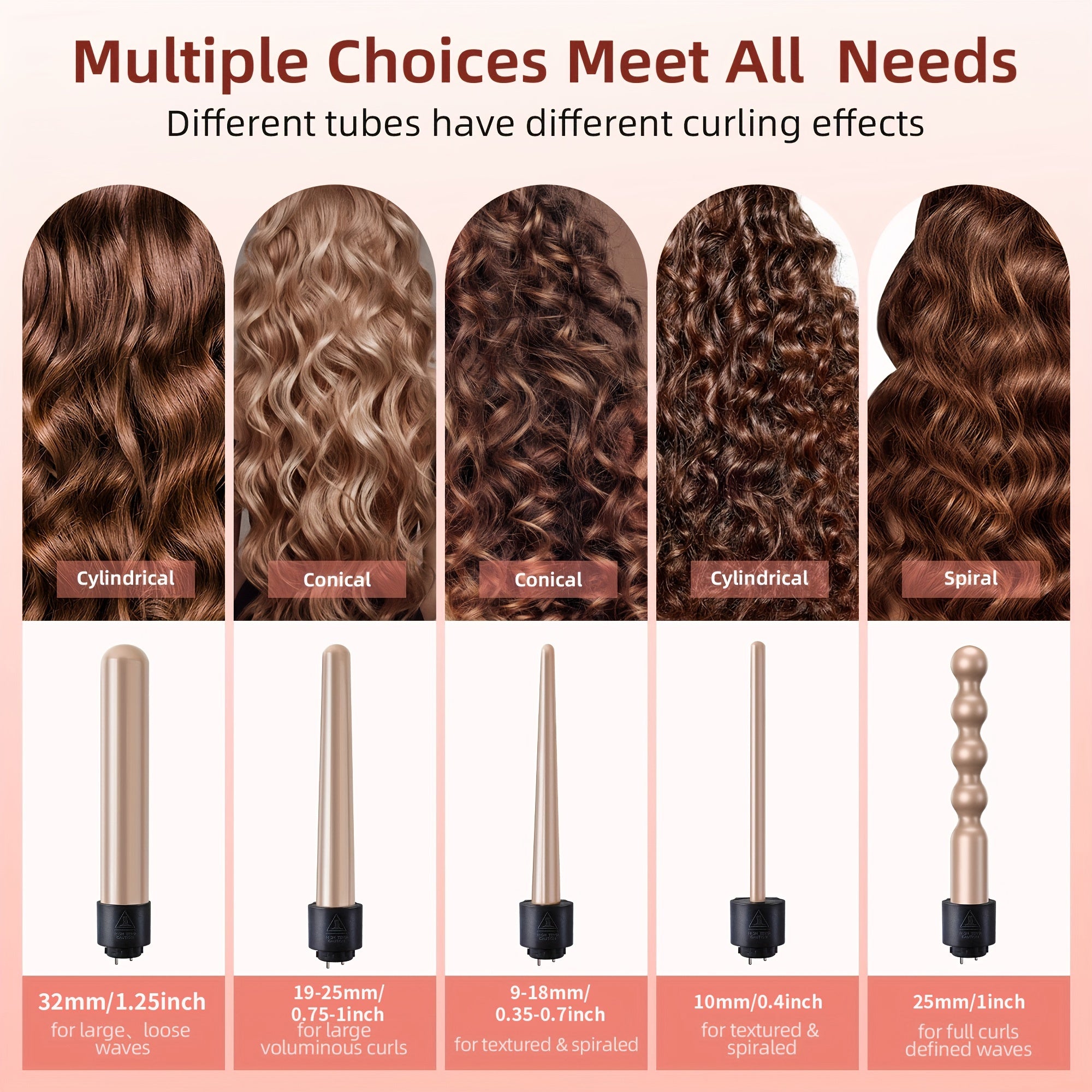 Hair Curling Wand 5in 1 Hair Curlers Iron Set 0.4" - 1.25" with 5 Ceramic Interchangeable Barrel