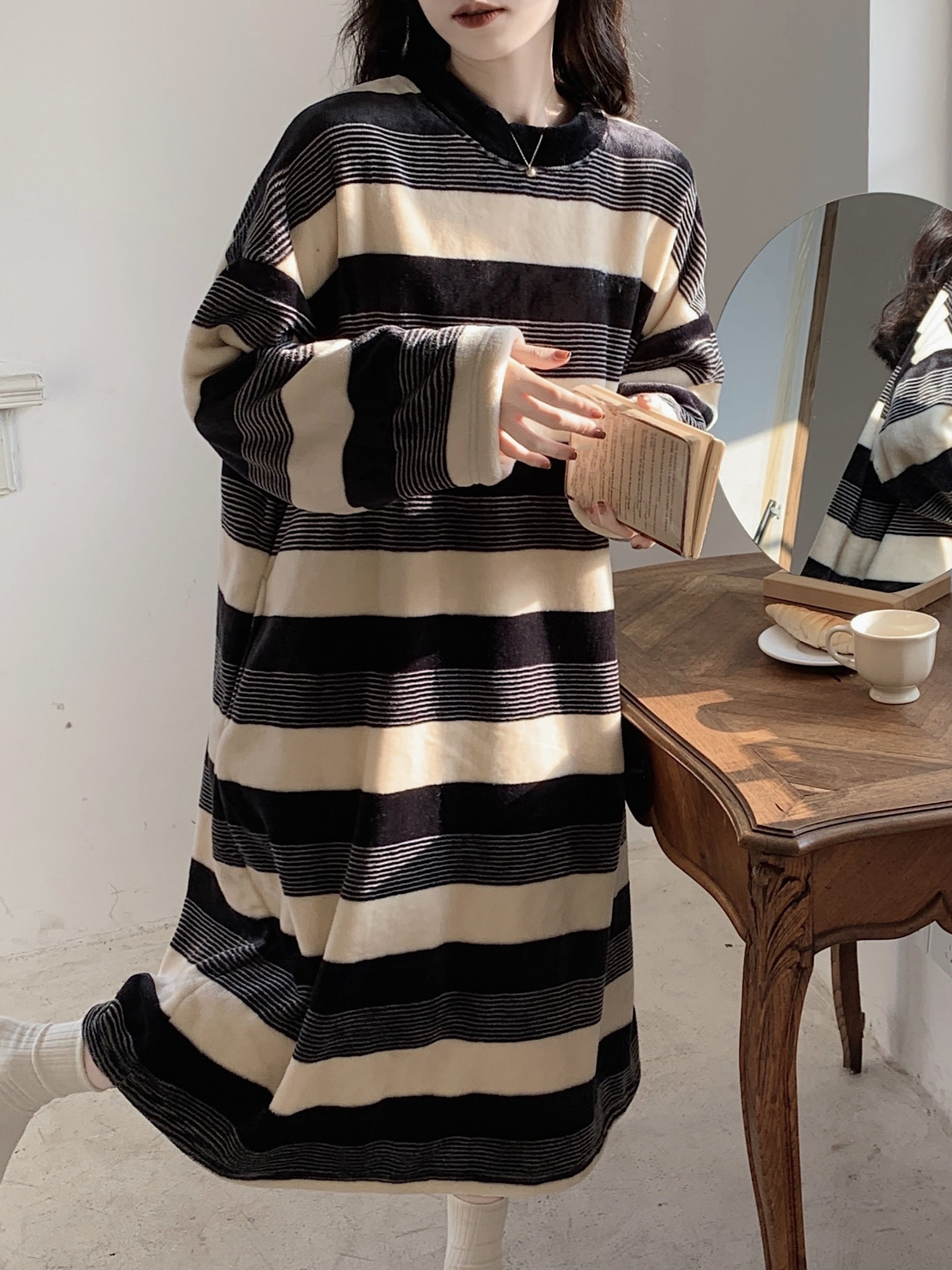 Stripe Print Casual Fleece Sleepwear Dress
