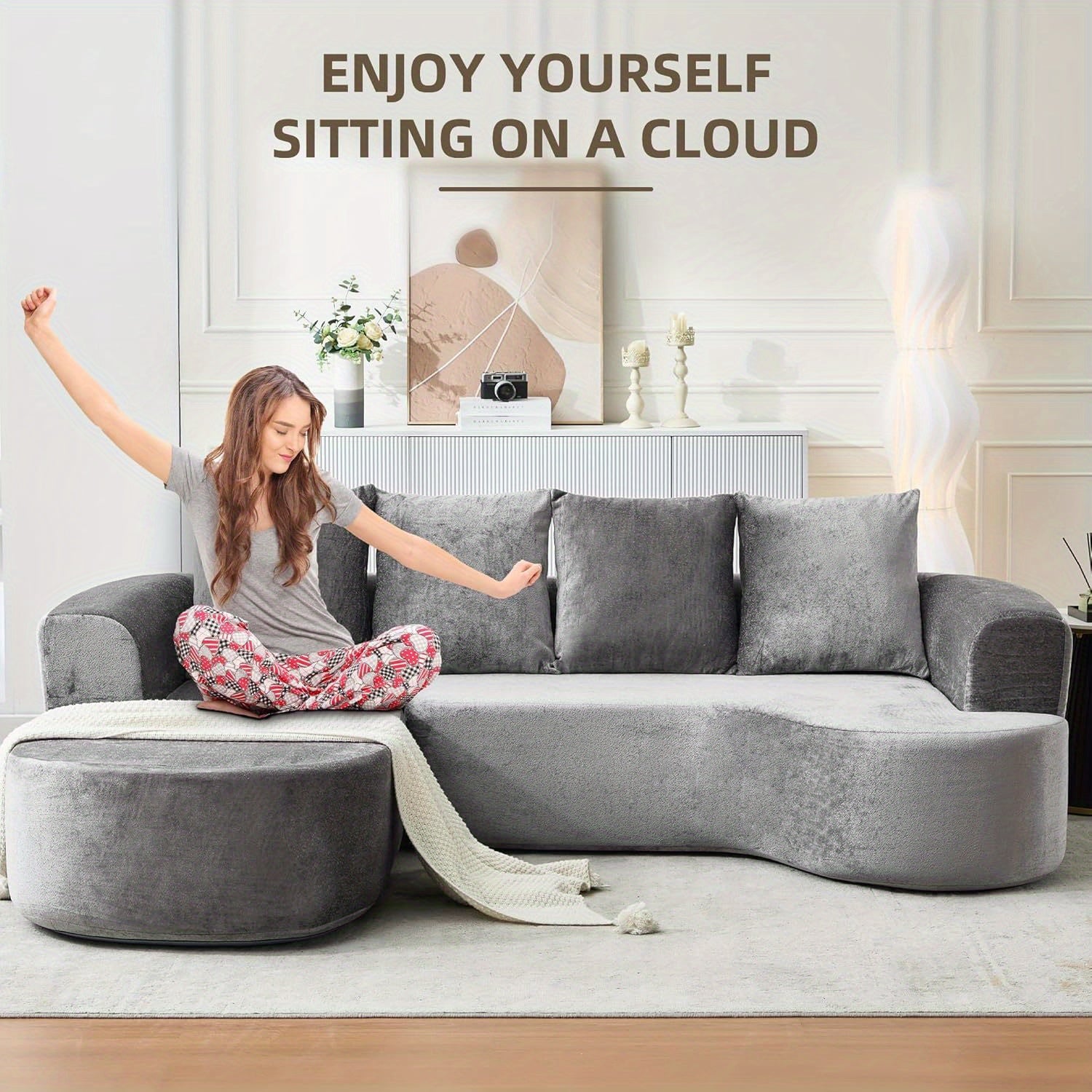 100'' Modern Curved Sofa Couch With Chaise And 4 Pillows