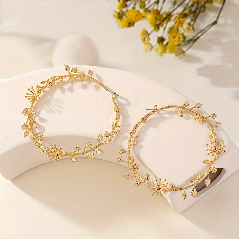 Boho-Chic Golden-Tone Floral Hoop Earrings