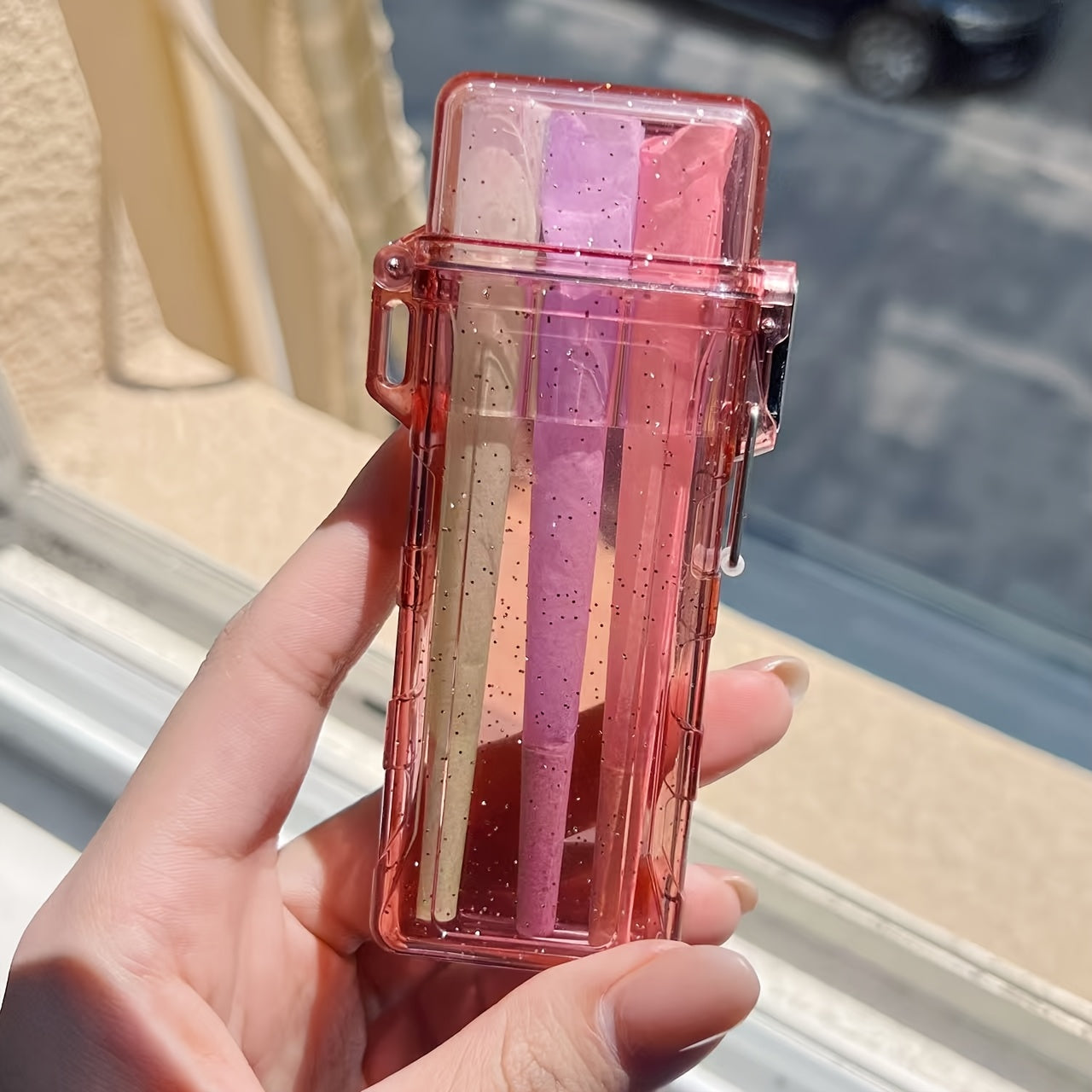 Pink Acrylic-like Cigarette Case with Flip-Top Lid & Pre-Rolled Cone Holder