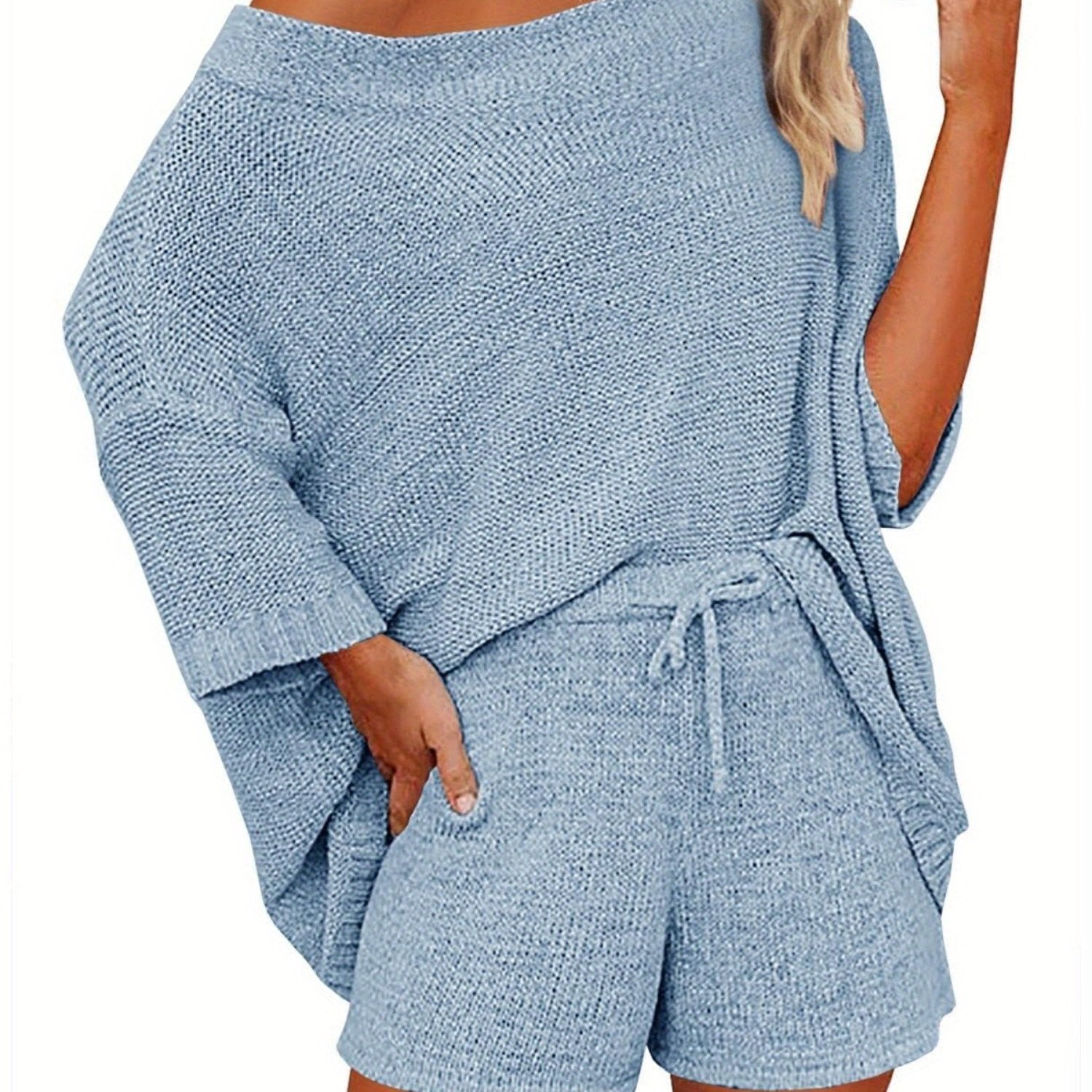 Women's 2pcs Outfits Sweater Sets Off Shoulder Knit Top Shorts Matching Suits Cute Pajama Lounge Set
