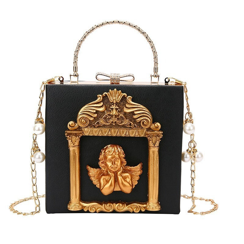 Women'S Baroque Relief Angel & Floral Handbag - Vintage Ornate Chain Strap Shoulder Bag with Golden-Tone Hardware, Wrist Strap & Snap Closure, Durable Polyester in - Elegant Statement Piece for Everyday & Special Occasions