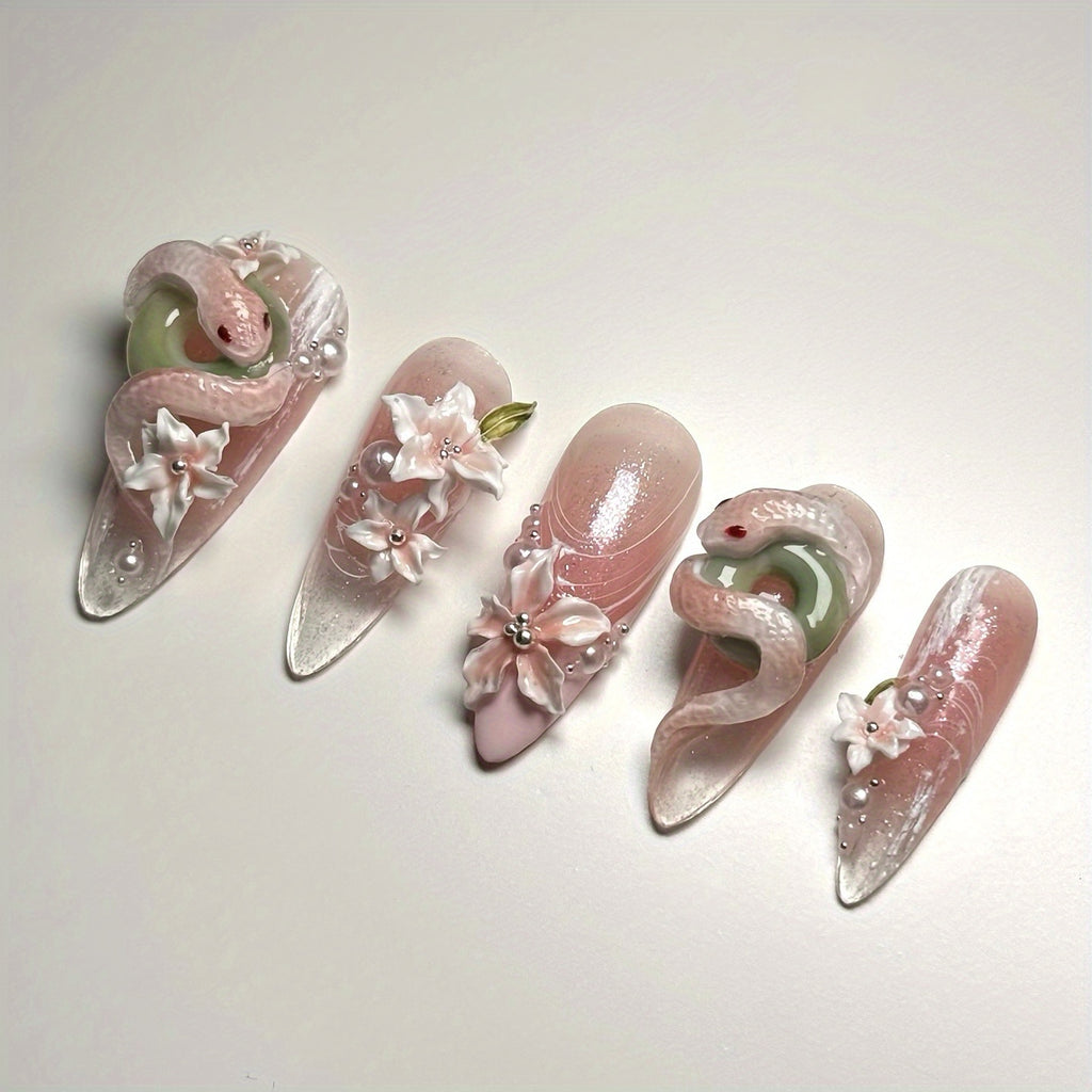 10pcs Handmade 3D Press-On Nails Almond Shape Short Length - Sweet & Edgy Snake & Flower Relief Designs with Glitter 3D Layered Nail Art Suitable for Women's Daily Wear, Parties, Christmas Gift (Handmade Press-On Nails)