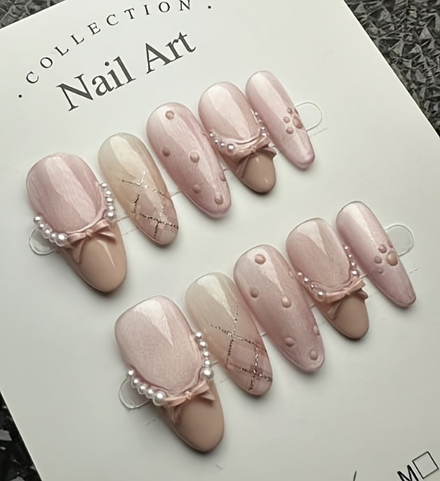 [10pcs} French-Style Pink Cat-Eye Bow Press-On Nails